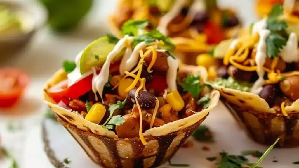Three Bean Taco Cups with black, pinto, and kidney beans served in taco shells