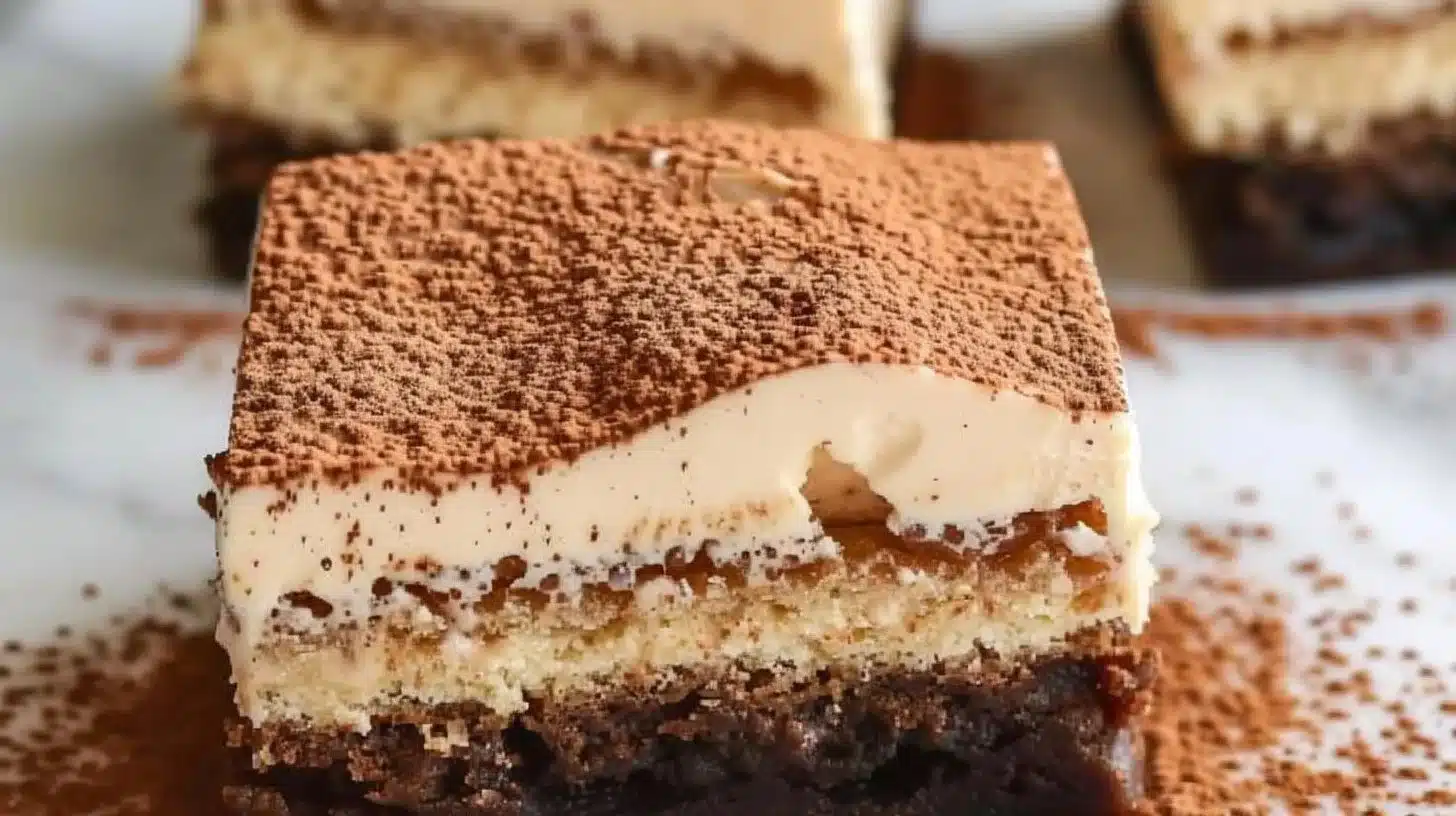 Delicious homemade tiramisu bars with coffee and mascarpone layers