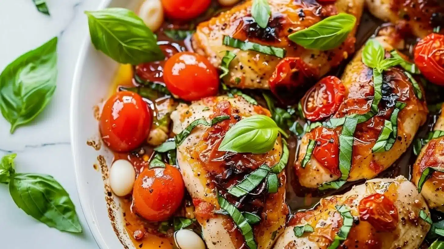 Tomato Basil Baked Chicken served on a plate with fresh herbs