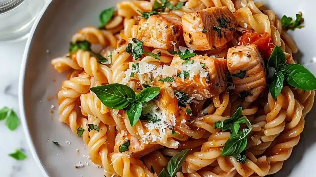Plate of Tomato Basil Salmon Pasta garnished with basil leaves