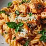 Plate of Tomato Basil Salmon Pasta garnished with basil leaves