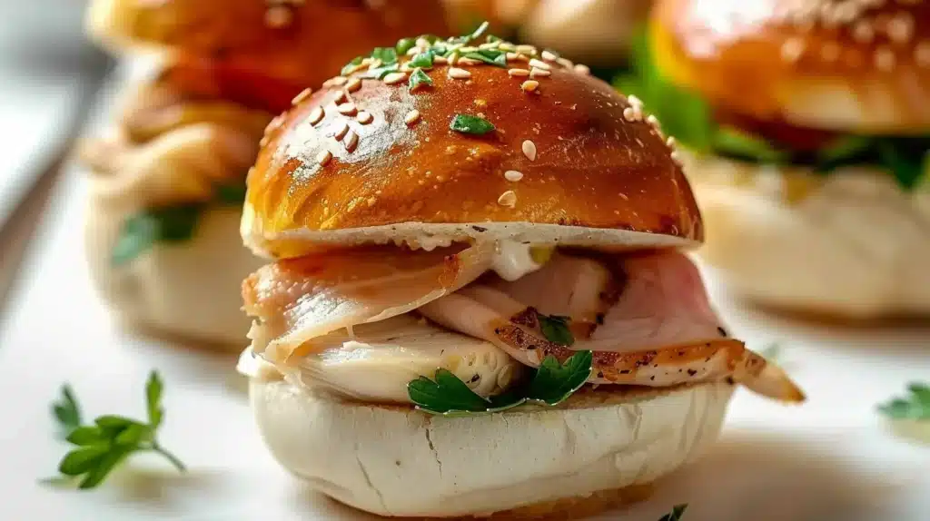 Turkey and Swiss Sliders served on a platter with fresh toppings and sides.
