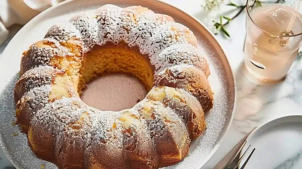 Delicious ultimate cinnamon doughnut cake topped with cinnamon sugar