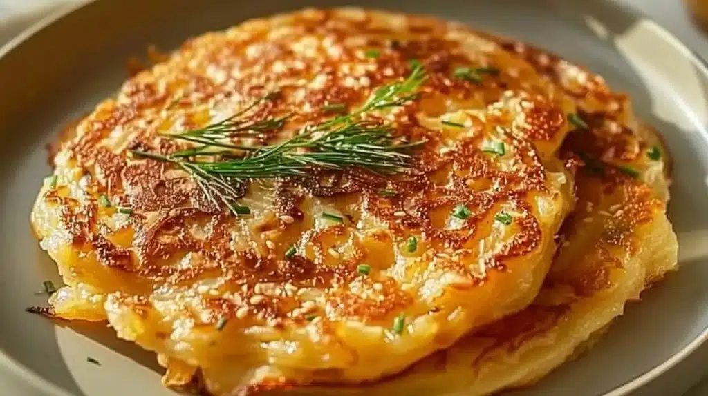 Deliciously crispy Korean Potato Cheese Pancakes topped with melted cheese