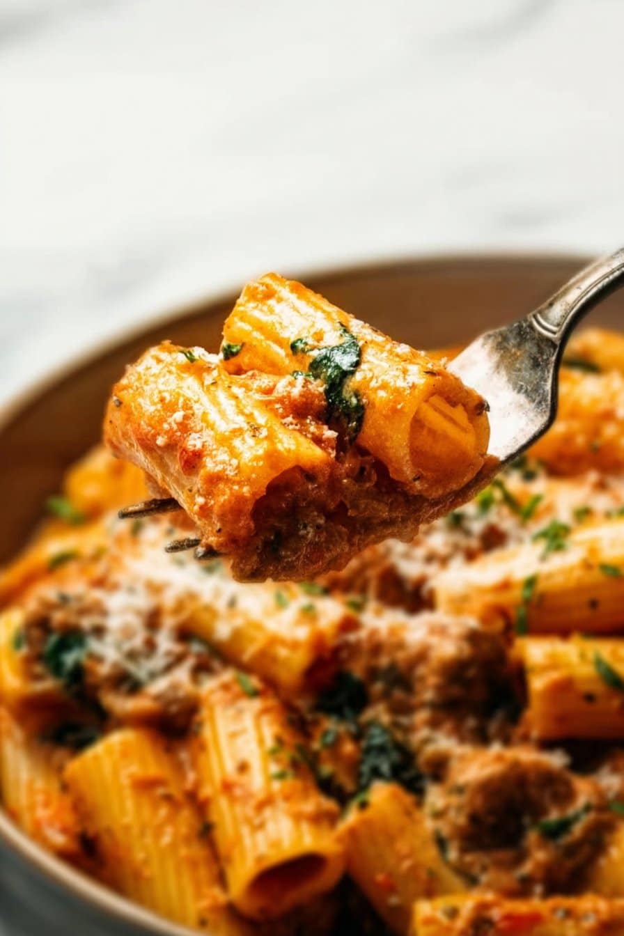 Rigatoni with Tomato Cream Sauce, Sausage, and Spinach
