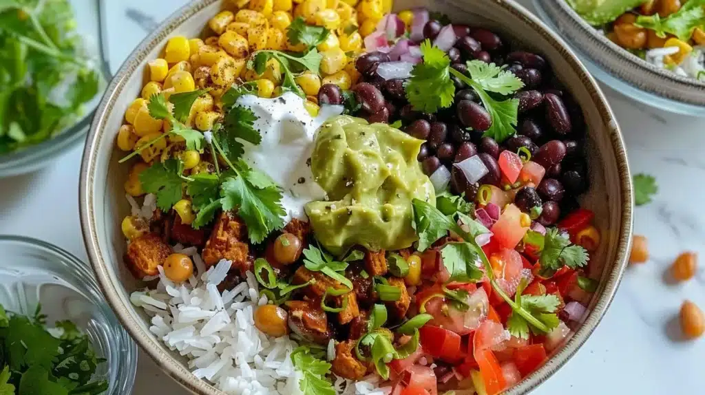 A vibrant Vegan Burrito Bowl with quinoa, beans, avocado, and fresh vegetables