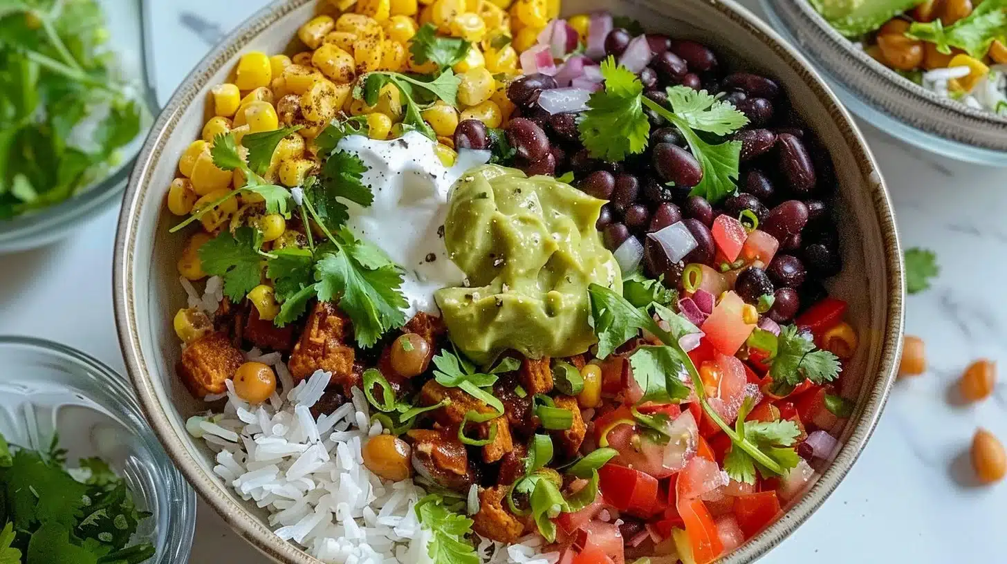 A vibrant Vegan Burrito Bowl with quinoa, beans, avocado, and fresh vegetables