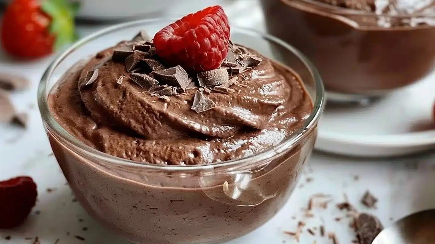 Delicious vegan chocolate mousse in a glass garnished with chocolate shavings