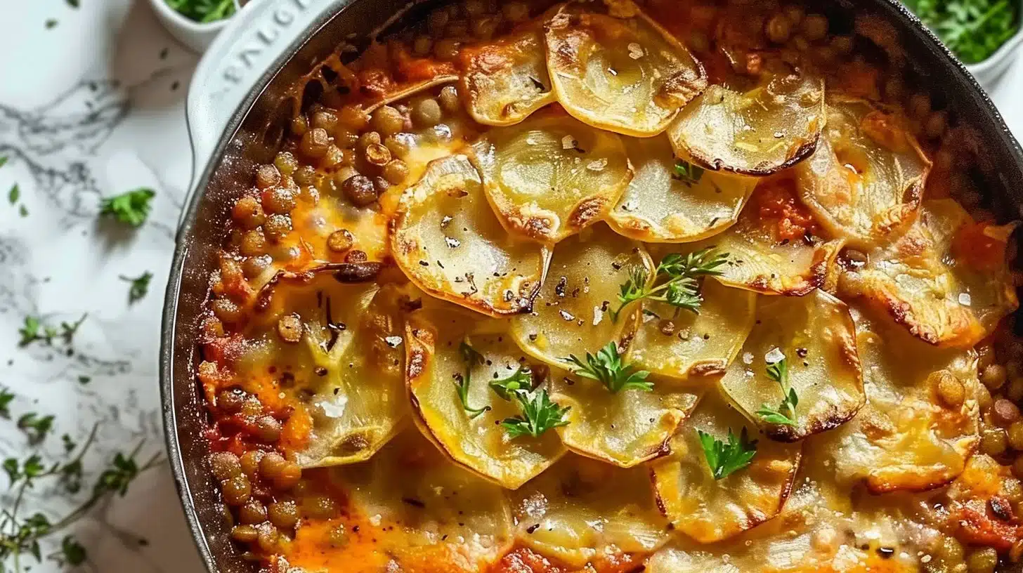 Delicious Vegan Lentil Hotpot served in a bowl, showcasing vibrant vegetables and lentils.