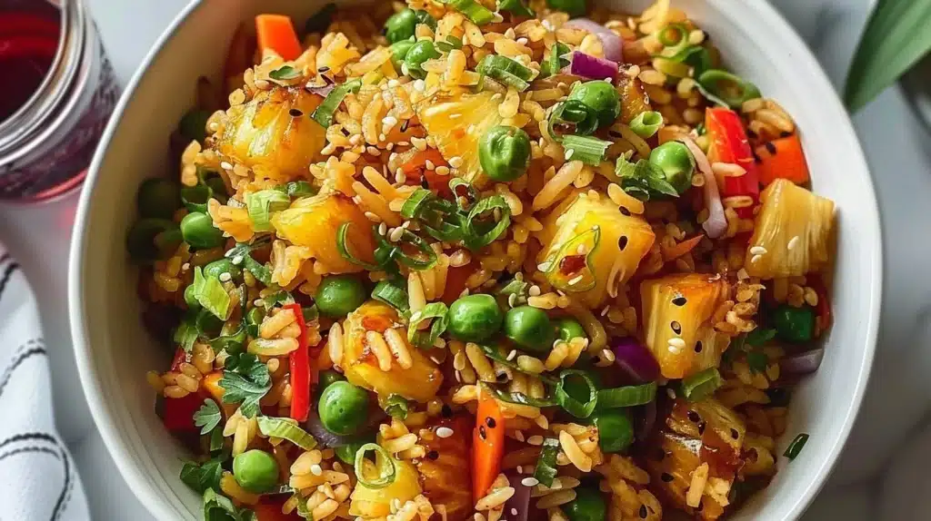 Vegan Pineapple Fried Rice with colorful vegetables and pineapple chunks