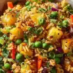 Vegan Pineapple Fried Rice with colorful vegetables and pineapple chunks