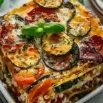 Vegetarian Ricotta Lasagna layered with roasted Mediterranean vegetables