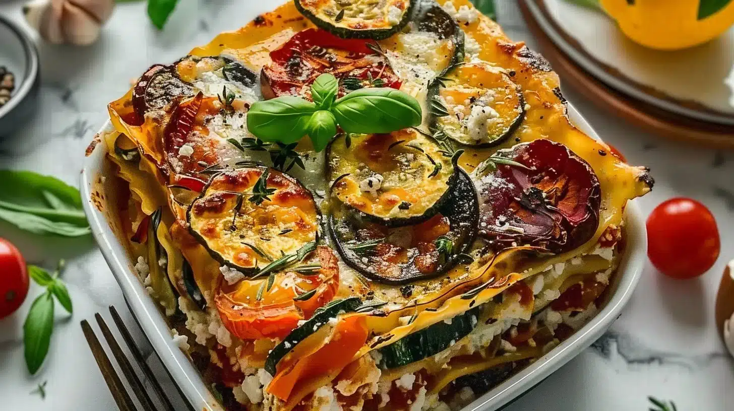 Vegetarian Ricotta Lasagna layered with roasted Mediterranean vegetables