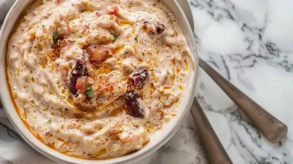 Delicious velvety chili cream cheese dip served in a bowl.