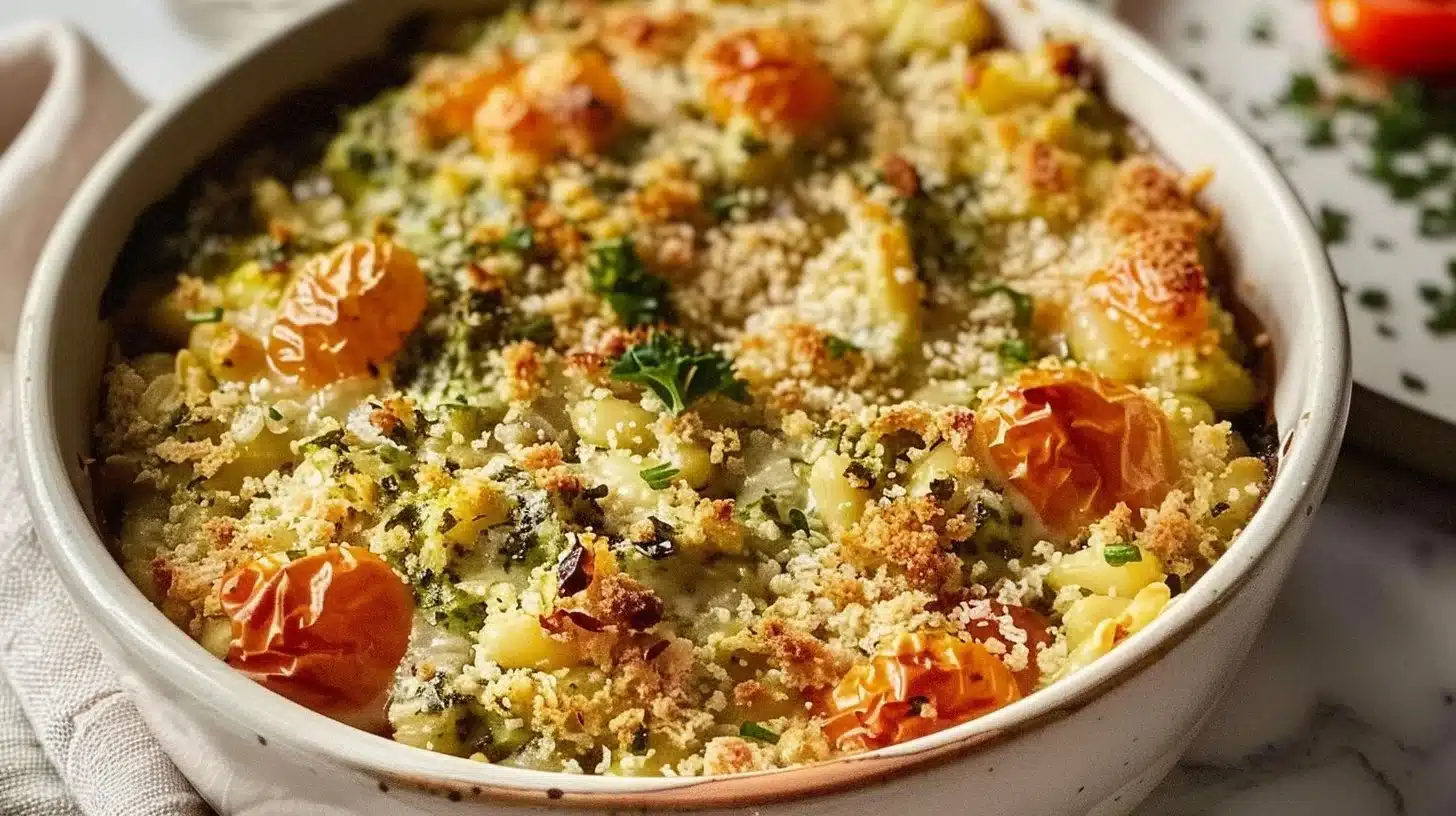 Delicious White Bean Pesto Bake topped with fresh basil and pine nuts