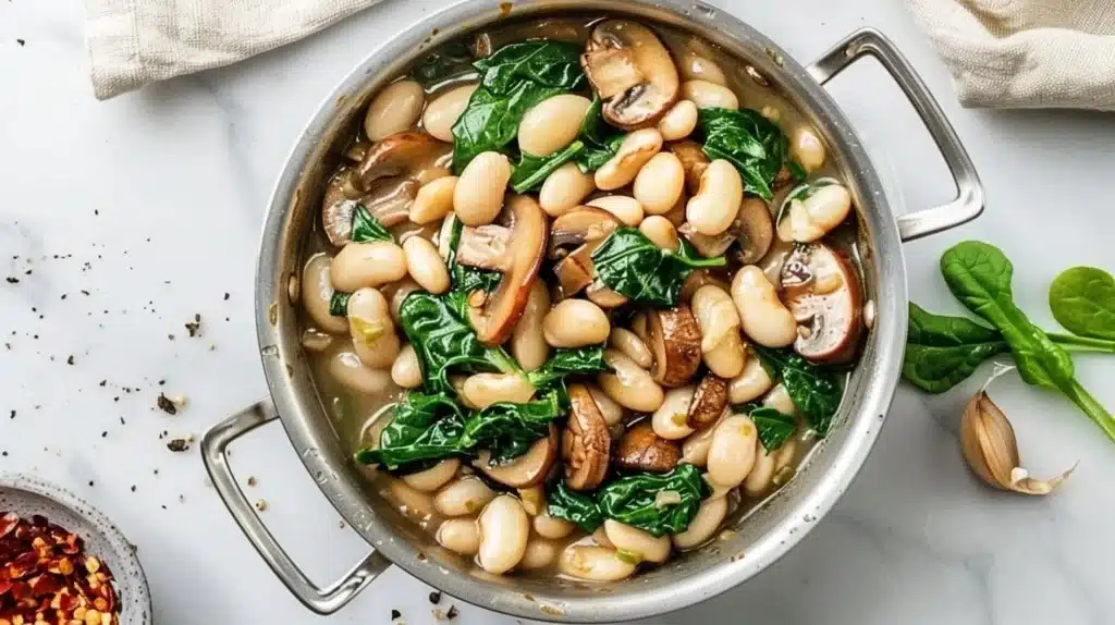 White beans with spinach and mushrooms, a healthy and delicious dish