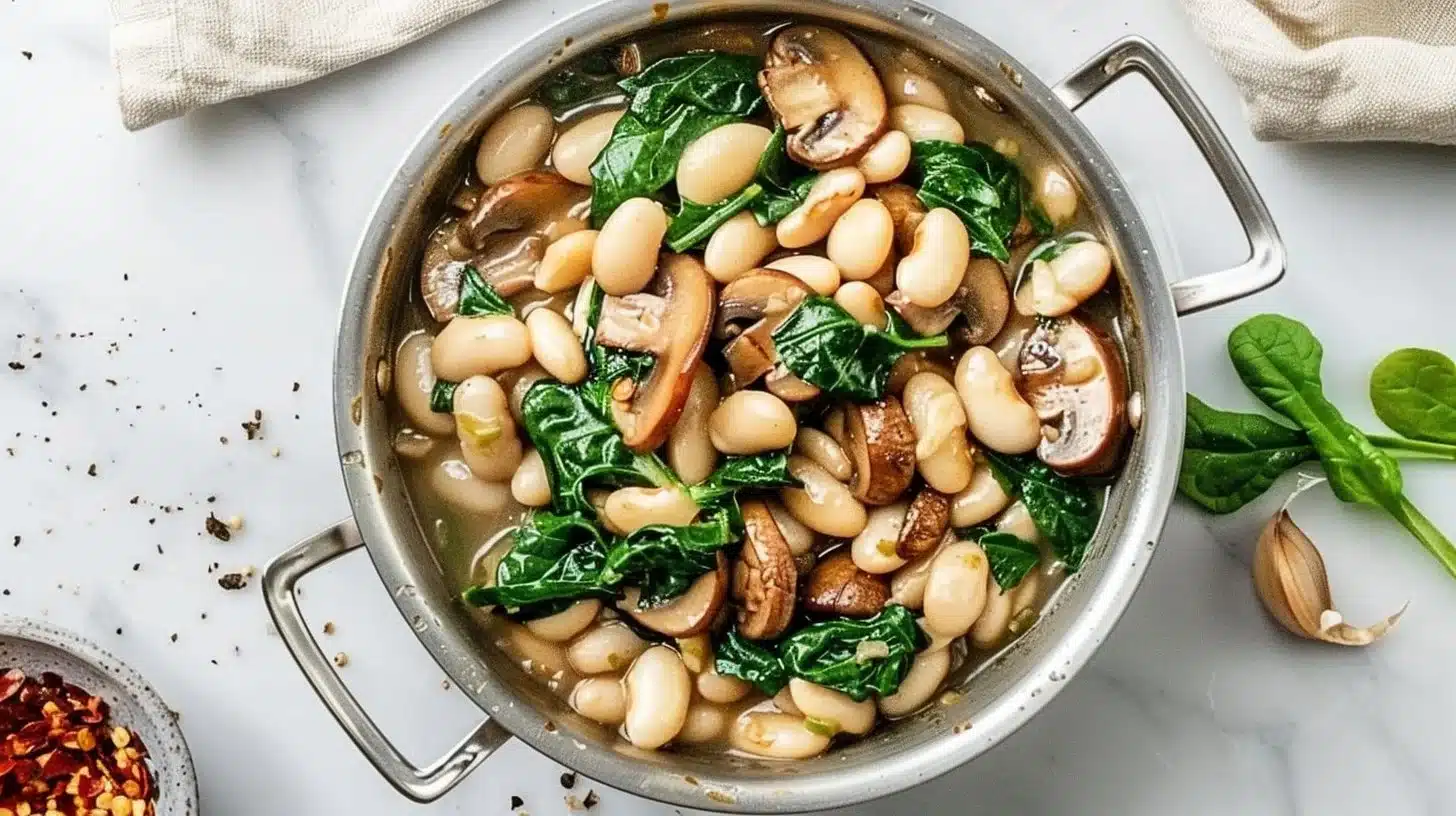 White beans with spinach and mushrooms, a healthy and delicious dish