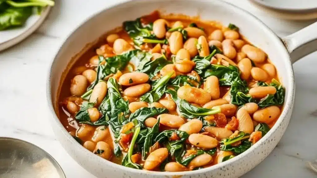 White Beans & Spinach Skillet served in a pan with colorful vegetables