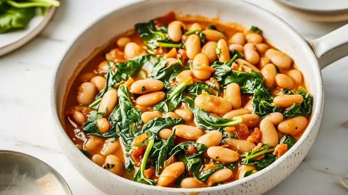 White Beans & Spinach Skillet served in a pan with colorful vegetables