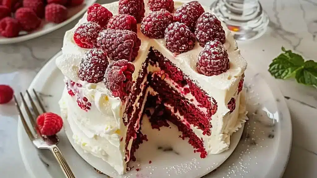 A slice of White Chocolate Raspberry Cake with fresh raspberries on top.