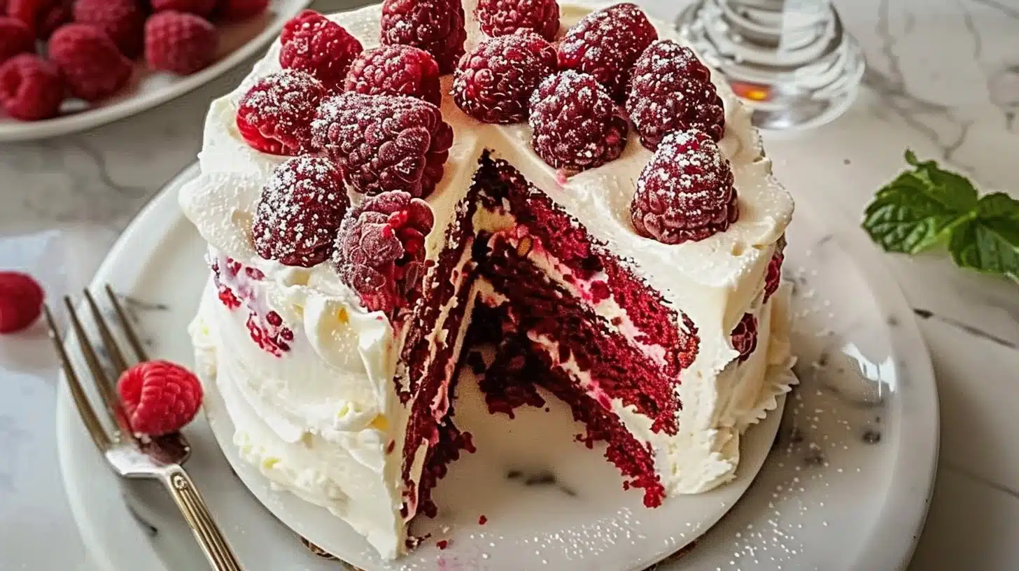 A slice of White Chocolate Raspberry Cake with fresh raspberries on top.