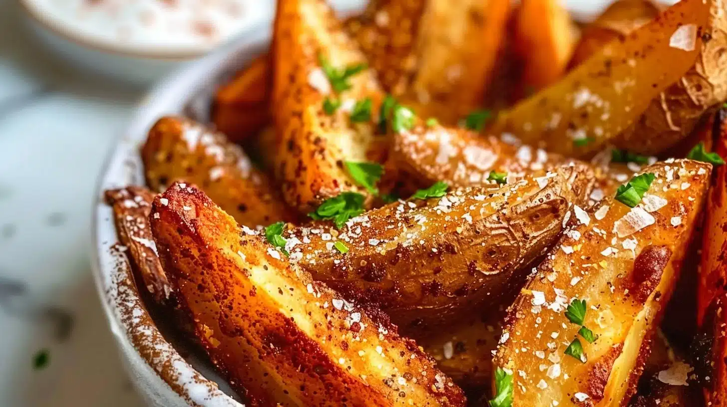 Crunchy air fryer potato wedges served as a side dish