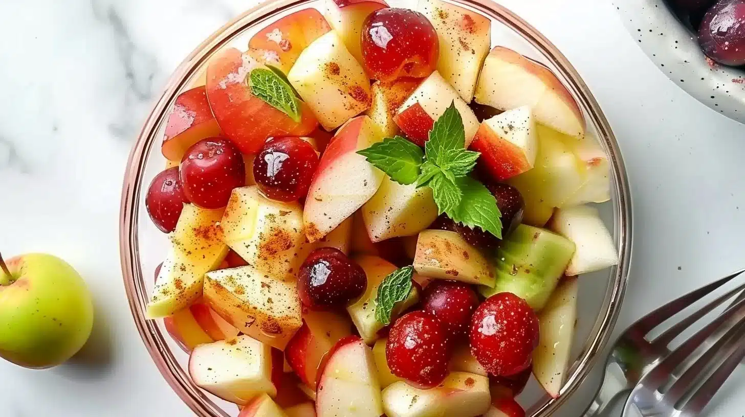 Apple Cinnamon Breakfast Fruit Salad with fresh apples and cinnamon garnish