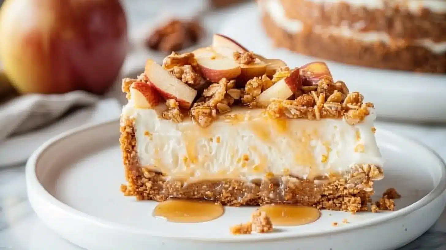 Delicious apple crisp cheesecake topped with baked apples and crumbly topping.