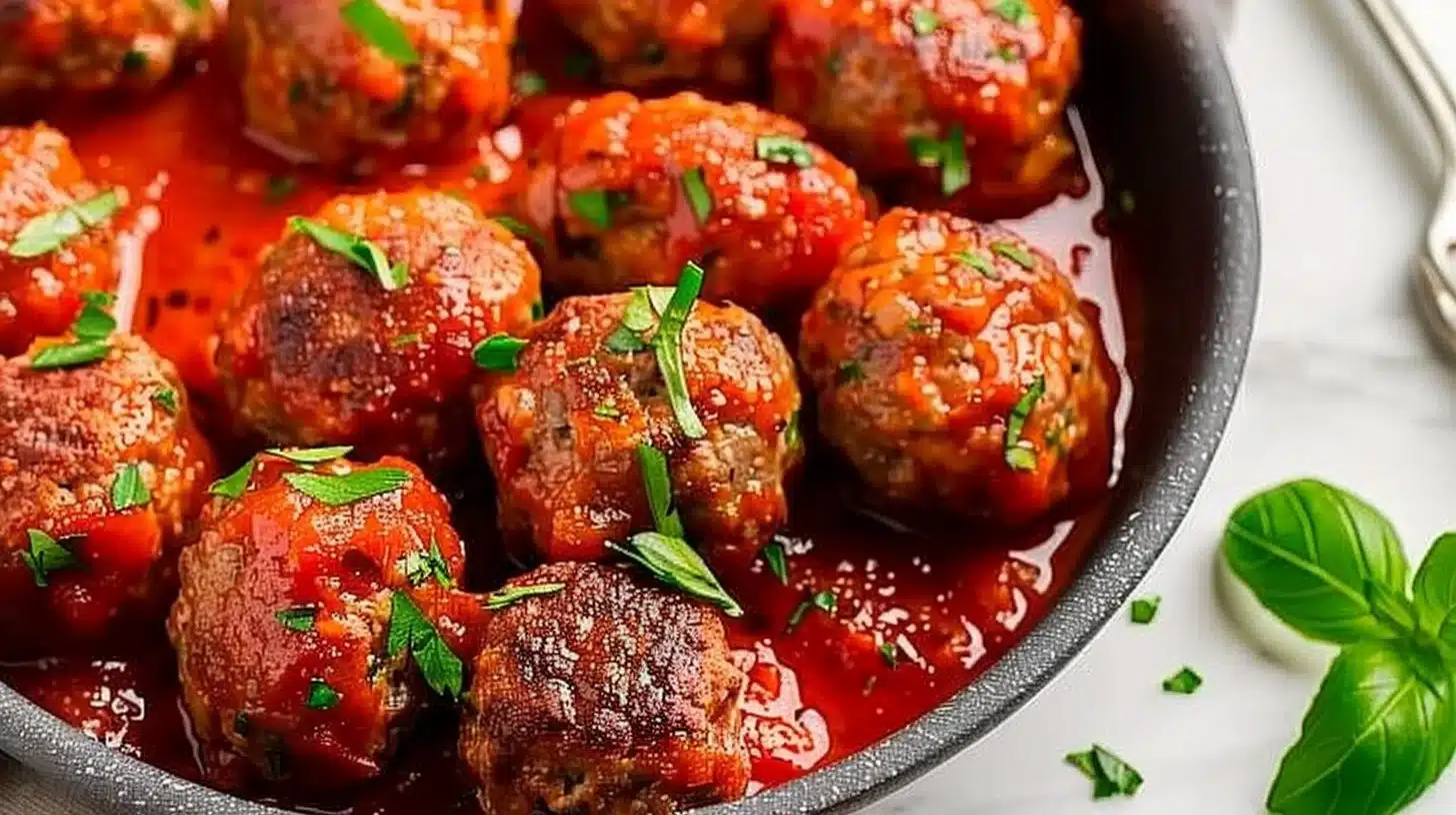 Plate of authentic Italian meatballs garnished with herbs and served with tomato sauce