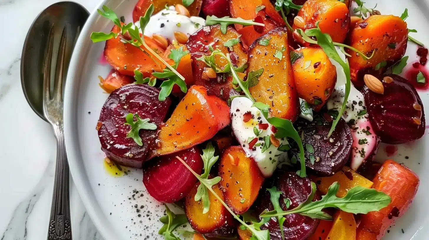 Autumn salad with caramelized beets and carrots on a wooden table