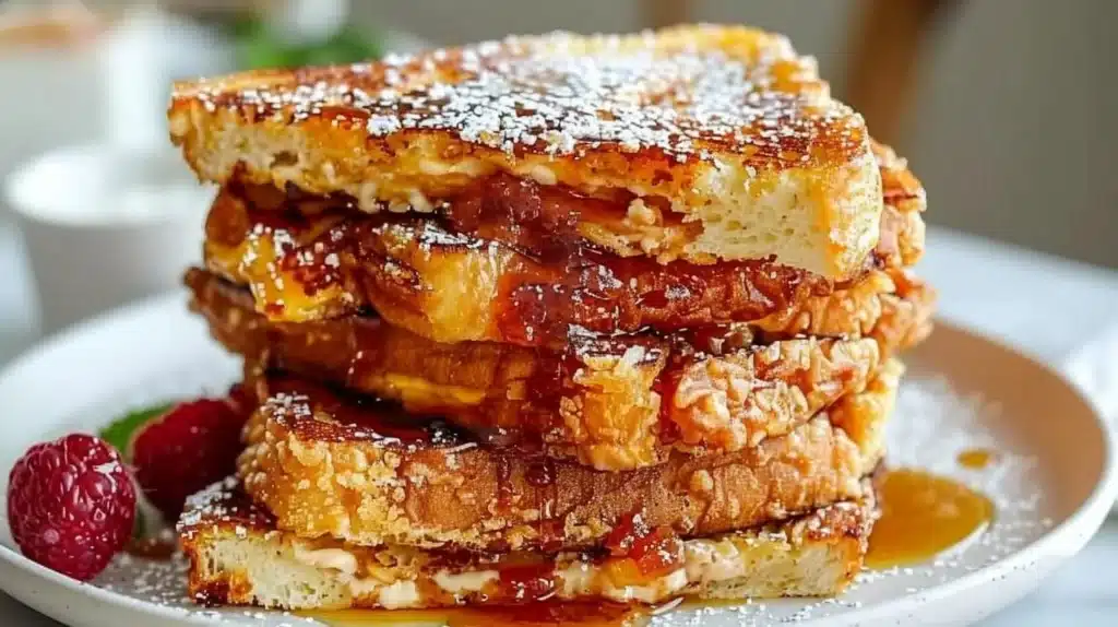 Delicious French toast sandwich served with syrup and berries