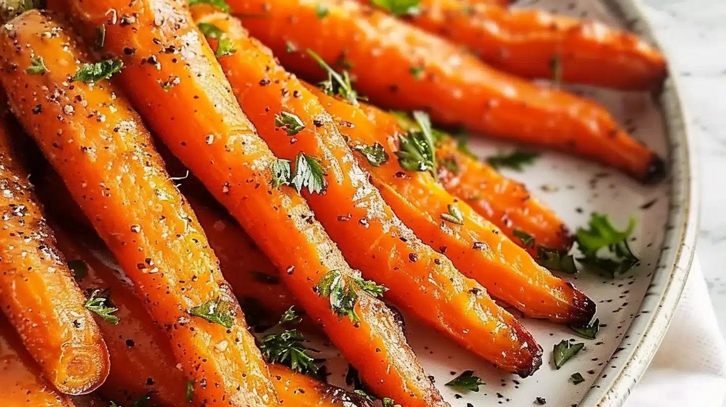 Plate of roasted baked carrots seasoned with herbs and spices