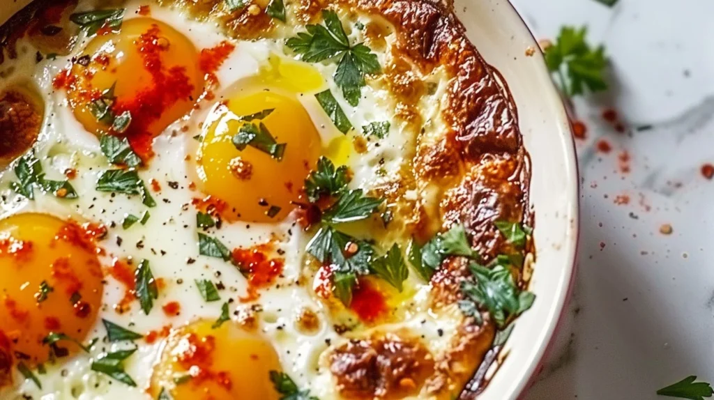 A delicious plate of baked feta eggs topped with herbs and spices.