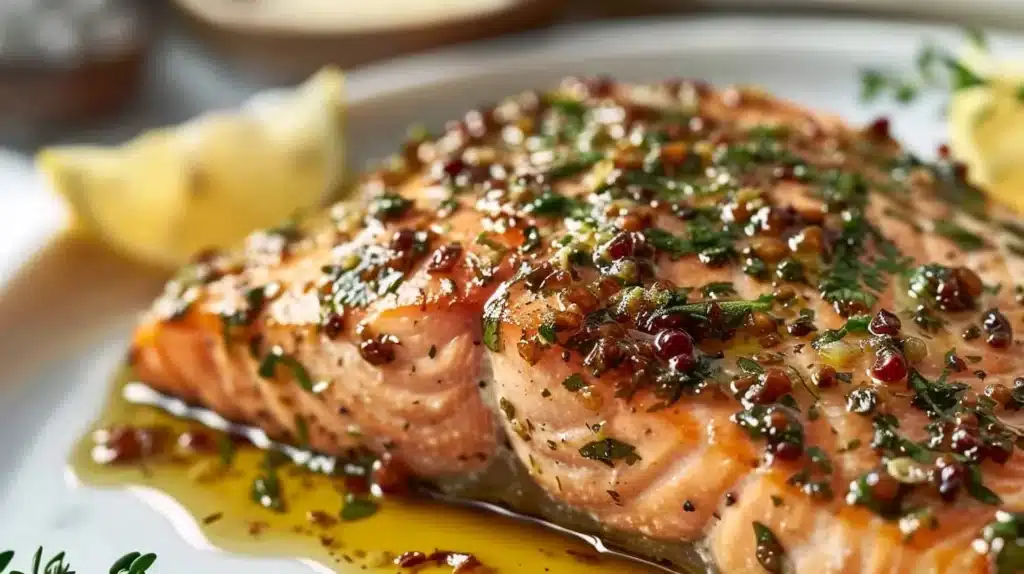 Baked salmon with a savory herb-butter crust on a plate.
