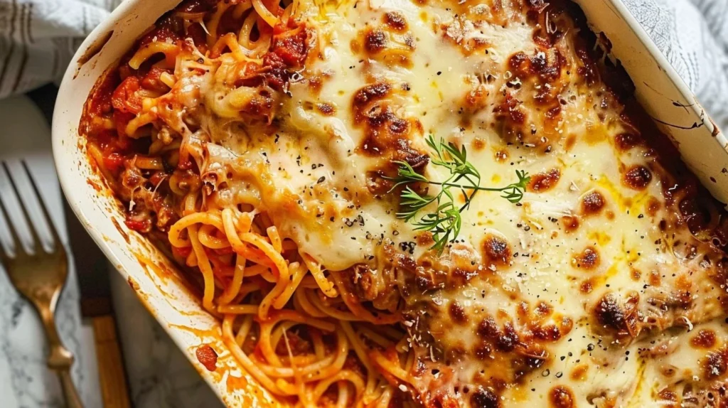 Delicious baked spaghetti served with cheese and herbs in a comforting dish
