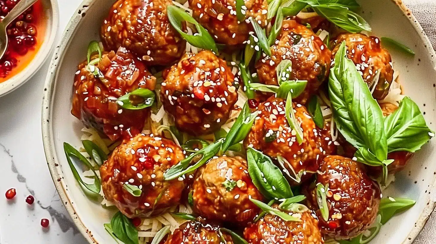 Delicious Bang Bang Meatballs served with a spicy sauce