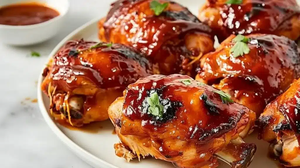 Delicious BBQ chicken cooked in a crockpot, ready to serve.