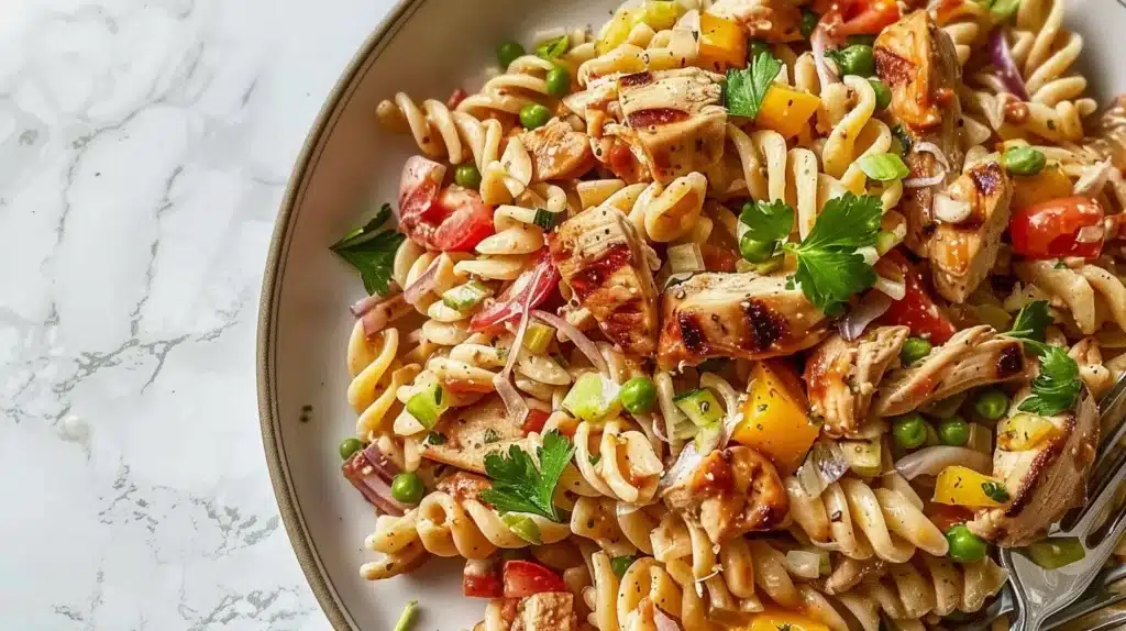 Delicious BBQ chicken pasta salad with colorful vegetables and dressing