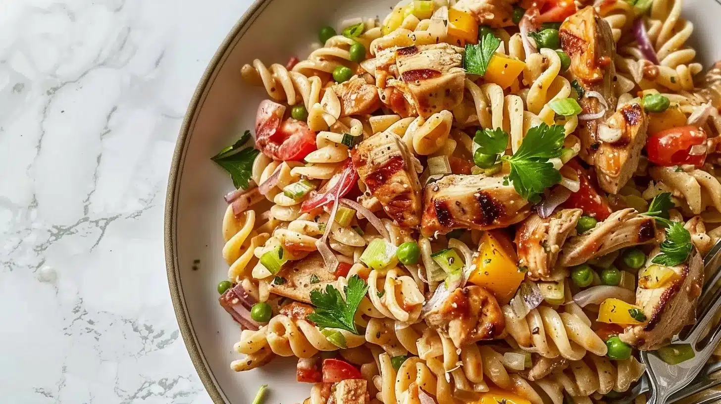 Delicious BBQ chicken pasta salad with colorful vegetables and dressing