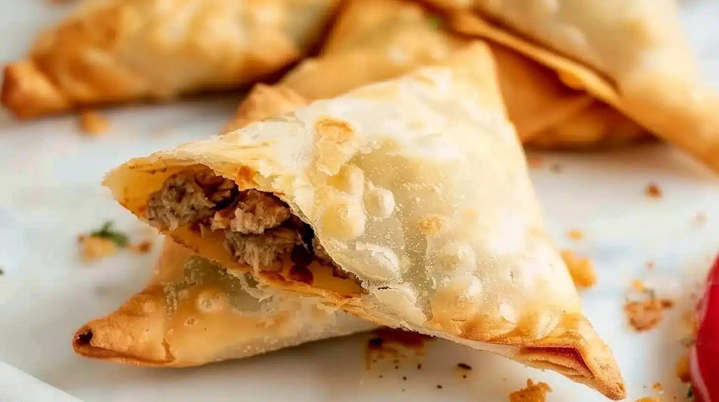 Delicious beef samosa in tortilla pockets served on a plate