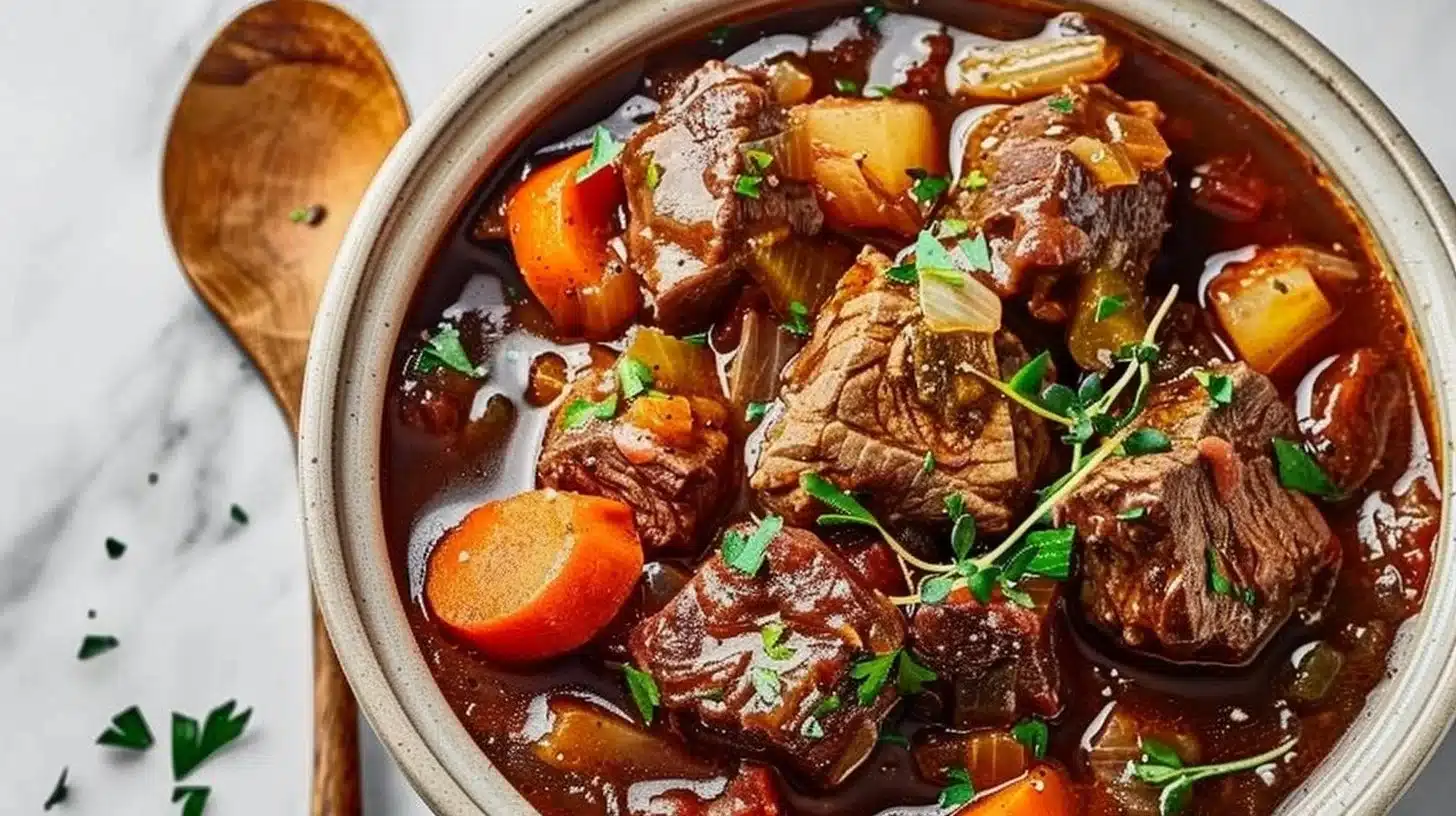 Delicious beef stew in a crockpot with vegetables and herbs.