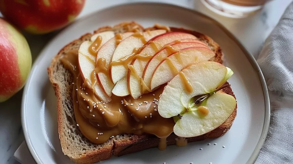 Delicious apple peanut butter toast topped with fresh apple slices.