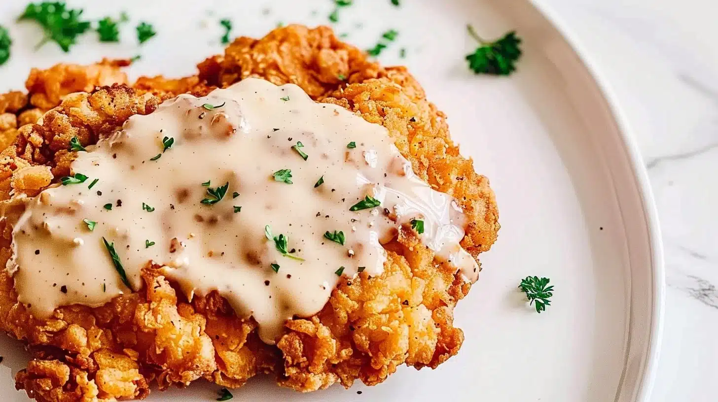 Delicious chicken fried steak served with creamy gravy and sides