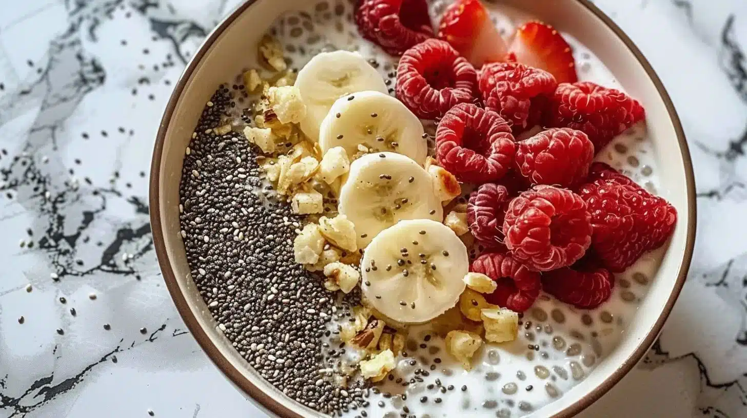 Creamy vanilla chia breakfast bowl topped with fresh fruits and nuts.