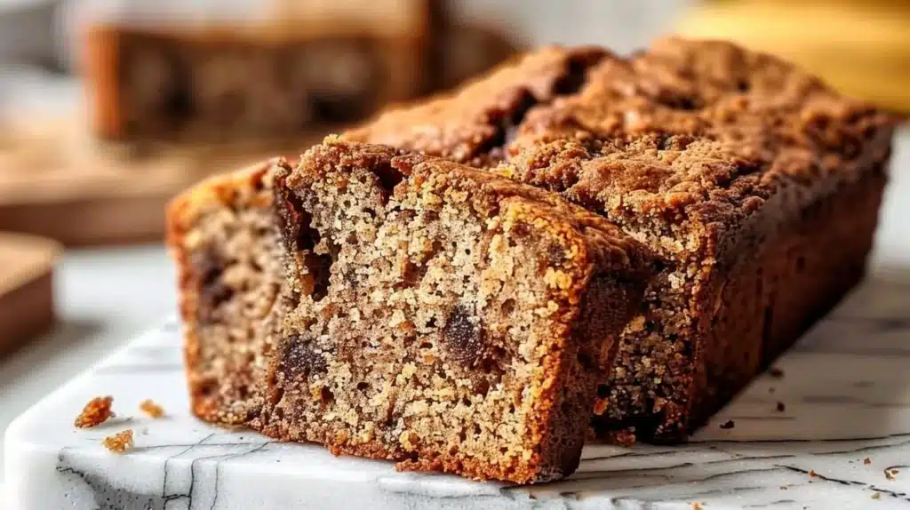 Deliciously moist keto banana bread slice on a wooden board