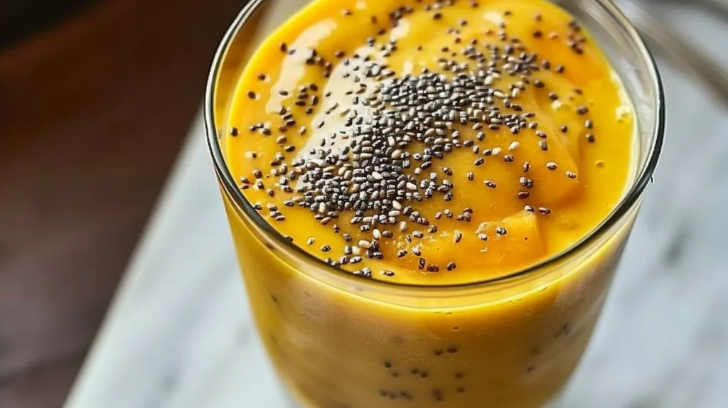 Delicious mango chia breakfast smoothie served in a glass with fresh ingredients