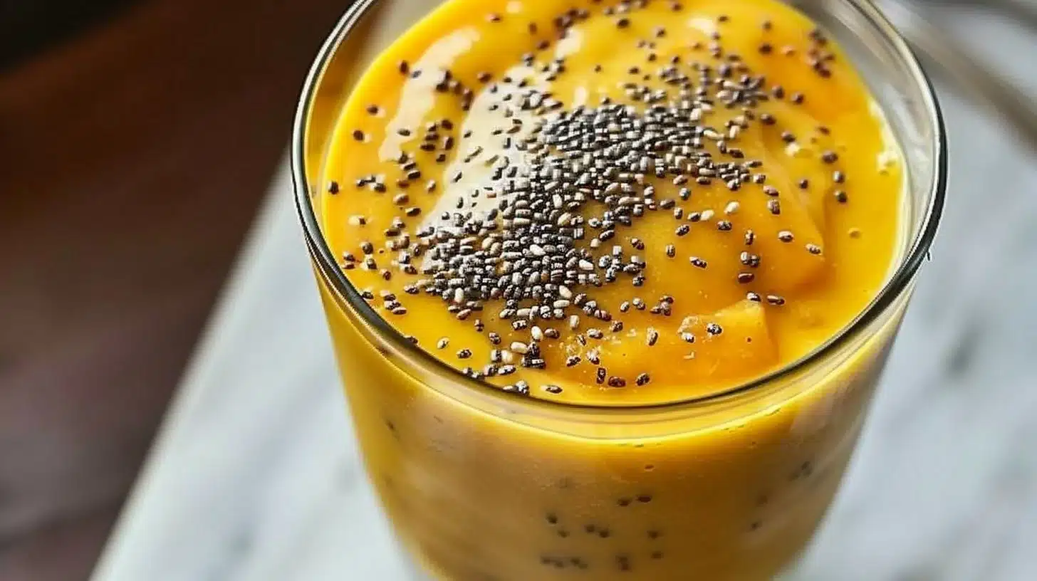 Delicious mango chia breakfast smoothie served in a glass with fresh ingredients