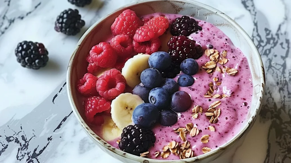 Delicious mixed berry smoothie bowl topped with fresh fruits and granola.