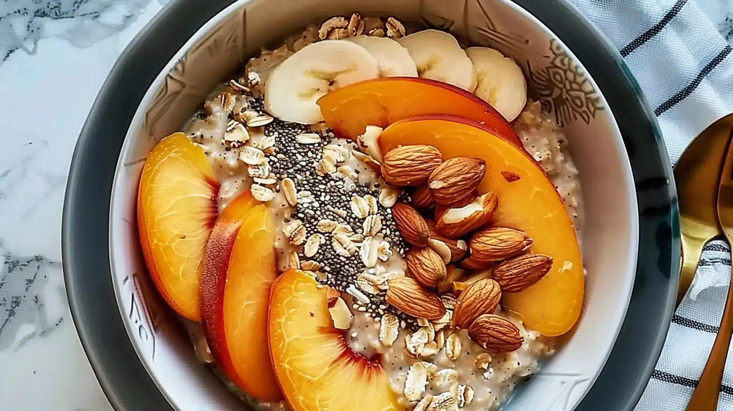 Creamy Peach Almond Oatmeal bowl topped with fresh peaches and almonds