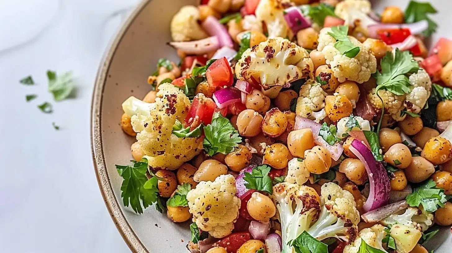 Delicious roasted cauliflower chickpea salad in a bowl